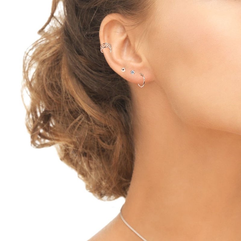 Hoops 4 Less 4 Pr Rose Gold Flash Sterling Silver Filigree Ear Cuffs, 12mm Tiny Hoops, 3mm Round Ball & CZ Stud Earrings Set - Image 2